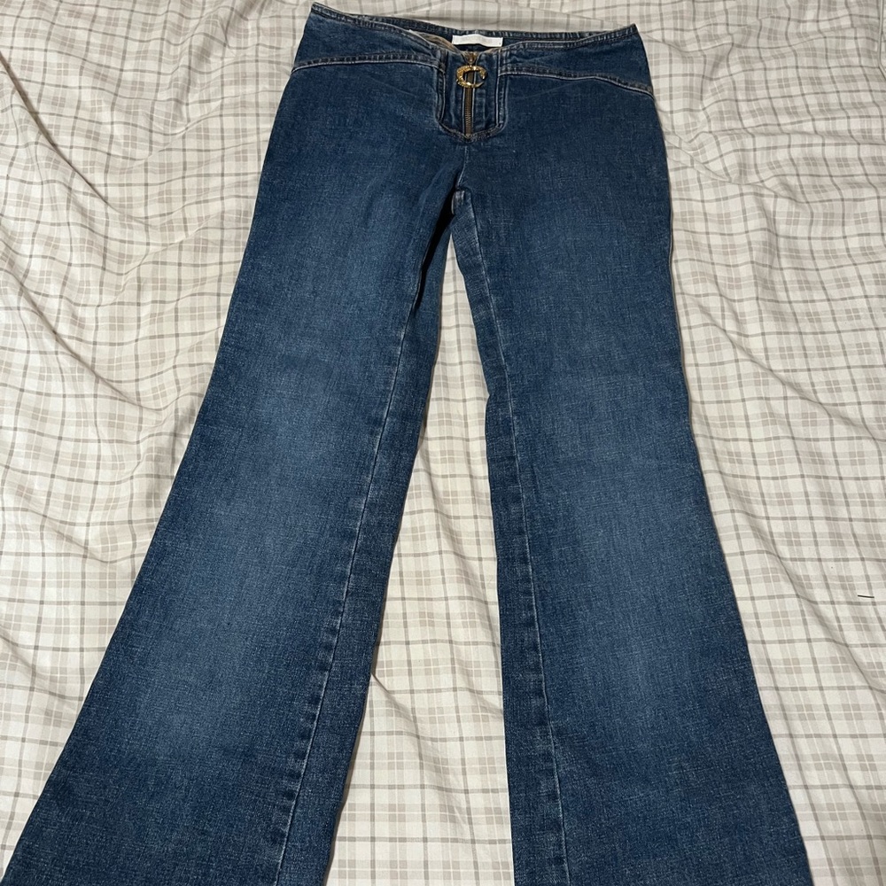 ROBERTO CAVALLI low rise flare jeans with snake hard wear and no pockets